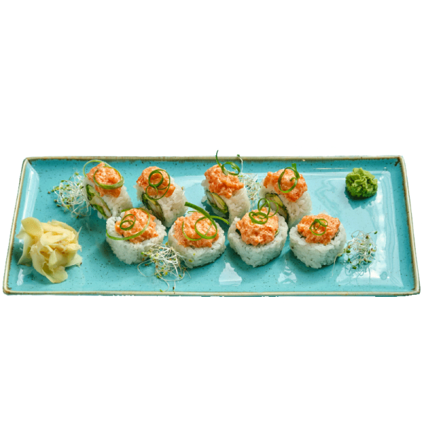Рол з креветкою темпура та тартаром з лосося