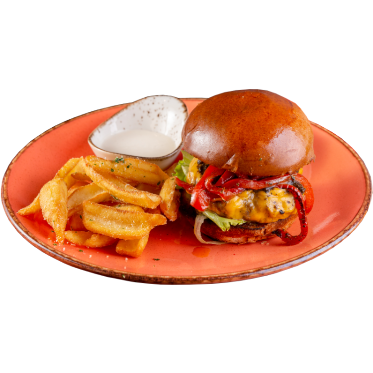 Бургер з яловичиною, трюфельною пастою, смаженим солодким перцем